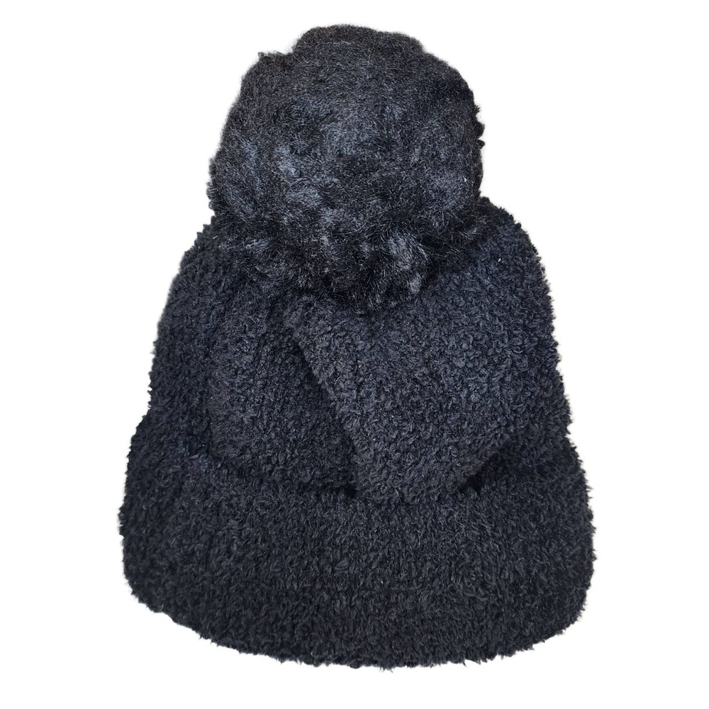 Black Knit Beanie Faux Fur Pom Pom Cuffed Winter Hat One Size Cozy Ski